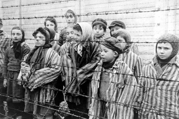 dzieci za kratami obozu auschwitz
